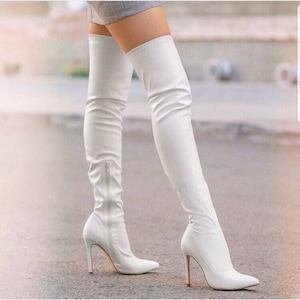 White Over The Knee Stiletto Heel Boots, High Heeled Boots, Between size 5 & 10