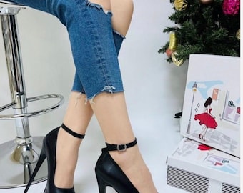Schwarze Plateau-Stiletto Absatz Schuhe: Knöchel Riemen Abend High Heels (21 cm)