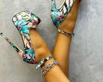 Floral Print Stiletto Heel Platform Shoes: Handmade Evening Shoes
