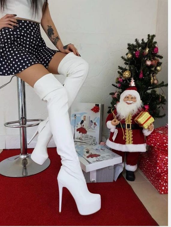 Bottes Overknees Compensées Gianrico Mori - Cuir Blanc - Taille 37 à 45 - Made In Italy