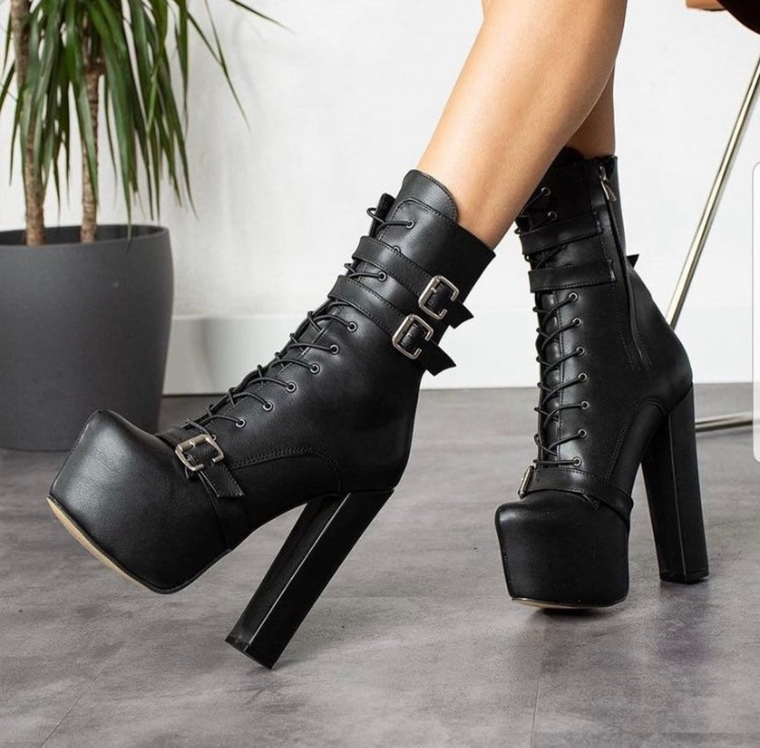 Ankle Black Platform Boots , Black Leather High Heeled Platform Boots ...
