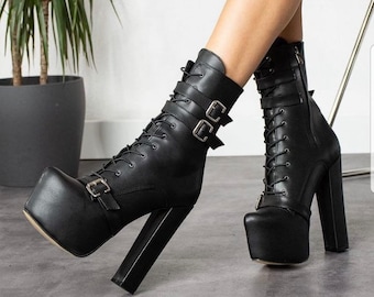 Ankle Black Platform Boots , Black Leather High Heeled Platform Boots ,Over The Knee Boots,High Heeled Boots , Gift For Her , Mothers Day