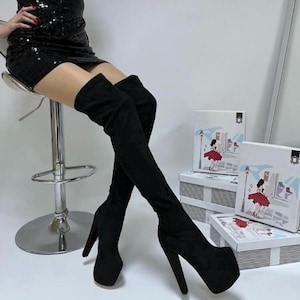 Black Over The Knee Black Boots,Black Over The Knee Platform Thick Heel Boots - High Heeled Boots, Personalized Gifts - Gifts For Her
