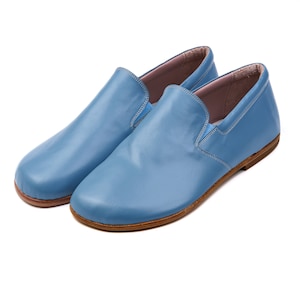 Handmade Leather Barefoot Shoes: Baby Blue Slip-On Loafers