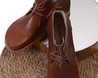 Men's Tan Leather Barefoot Oxford Ankle Boots: Handmade Wide Fit