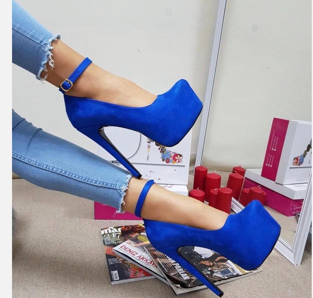 Blue Platform High Heel Evening Shoes Handmade UK
