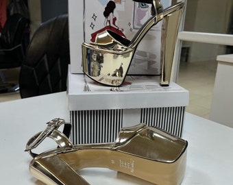Gold Platform Stiletto Heels: Metallic Peep Toe Ankle Strap Sandals
