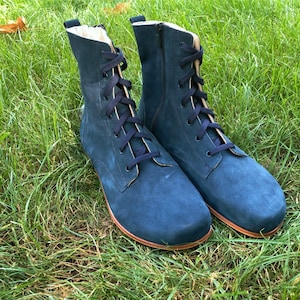 Women Barefoot Comfortable Navy Blue Boots, Handmade Leather Wide Boots, Soft Barefoot Boots,Personalized Gifts, Gift For Her