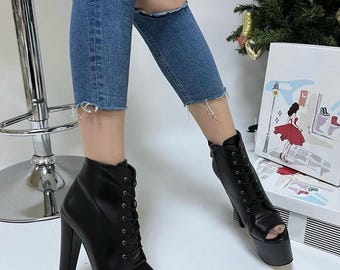 Black Platform Ankle Boots: Vegan Leather Open Toe, Chunky Heel