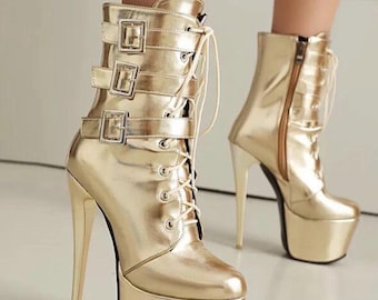 Gold Lace Up Platform Boots:  Metallic High Heel Streetwear Ankle Boots for Women