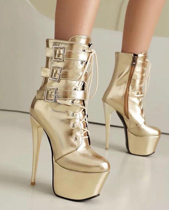 Gold Lace Up Platform Boots: Metallic High Heel Streetwear Ankle Boots for Women