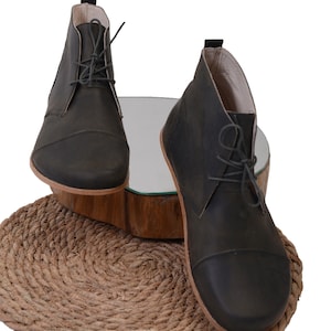 Men Wide Zero Drop Barefoot Greasy Khaki Leather Boots, Men Barefoot Smooth Leather Unique Handmade Boots, Leather Insole & Outsole