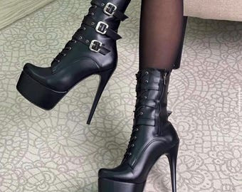 Black Platform Ankle Boots with Stiletto High Heels:  Sleek Statement Footwear