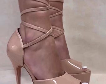 Nude Strappy Platform Heels: Block High Heel Sandals for Daily and Evening