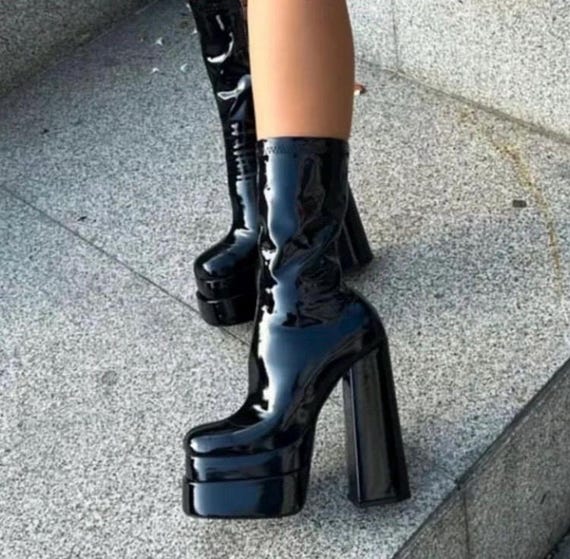 Platform Heeled Patent Leather Boots: Gothic Chunky High Heel Statement  Shoes
