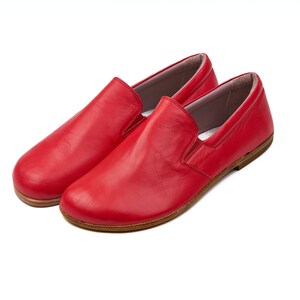Red Leather Wide Toe Box Barefoot Shoes: Handmade Slip-On Loafers