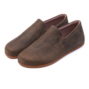 Men&#39;s Brown Leather Barefoot Shoes: Wide Toe Box Slip-On