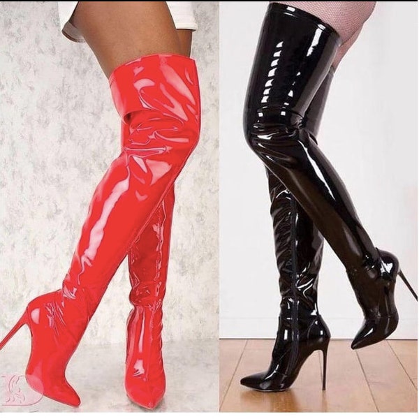 Red Shiny Over The Knee Boots,Black Shiny Over The Knee Boots,Straptease High Heel boots,Gift For Her, Valentine Gift