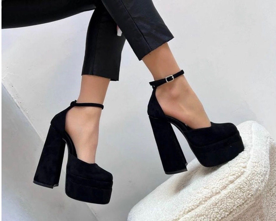 Black Platform High Heel Shoes: Ankle Strap Evening Shoes