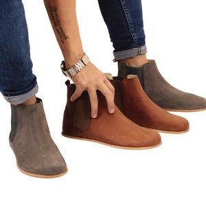 Men CHELSEA Zero Drop Nubuck GRAY Boots, Barefoot Gray Nubuck Leather Handmade, Natural Colorful, Smooth Leather Insole & Outsole