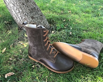 Men&#39;s Handmade Leather Barefoot Boots: Wide Toe, Soft Brown Nubuck