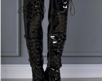 Black Patent Leather Platform Thigh High Lace Up Boots