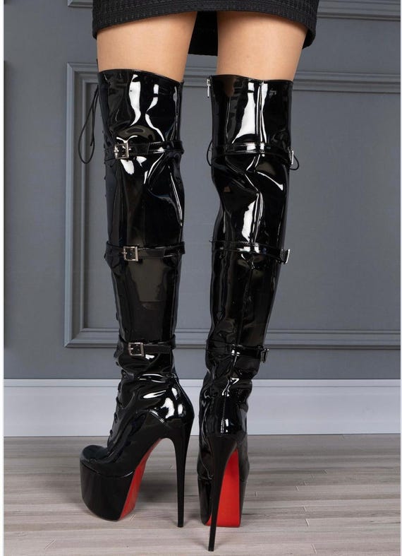 【廃盤品】GAO PLATFORM THIGH HIGH BOOTS サイズ39 Black Patent Leather Platform Thigh High Lace up Boots - Etsy