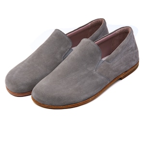 Handmade Gray Suede Barefoot Shoes: Wide Fit Leather Loafers