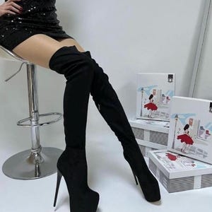 Black Over The Knee Boots, Black Over The Knee Platform Stiletto Boots, Black Striptease Boots, High Heeled Boots, Gifts For Her