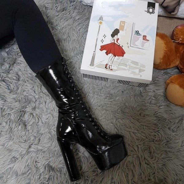 Black Lace up High Heel Platform Thick Heel Boots, Black Laced Platform Thick Heel Under Knee Boots, Personalized Gifts,Mothers Day