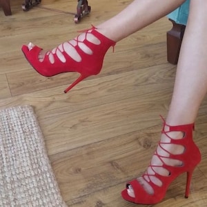 Red Stiletto Heel Evening Shoes: Lace-Up High Heels