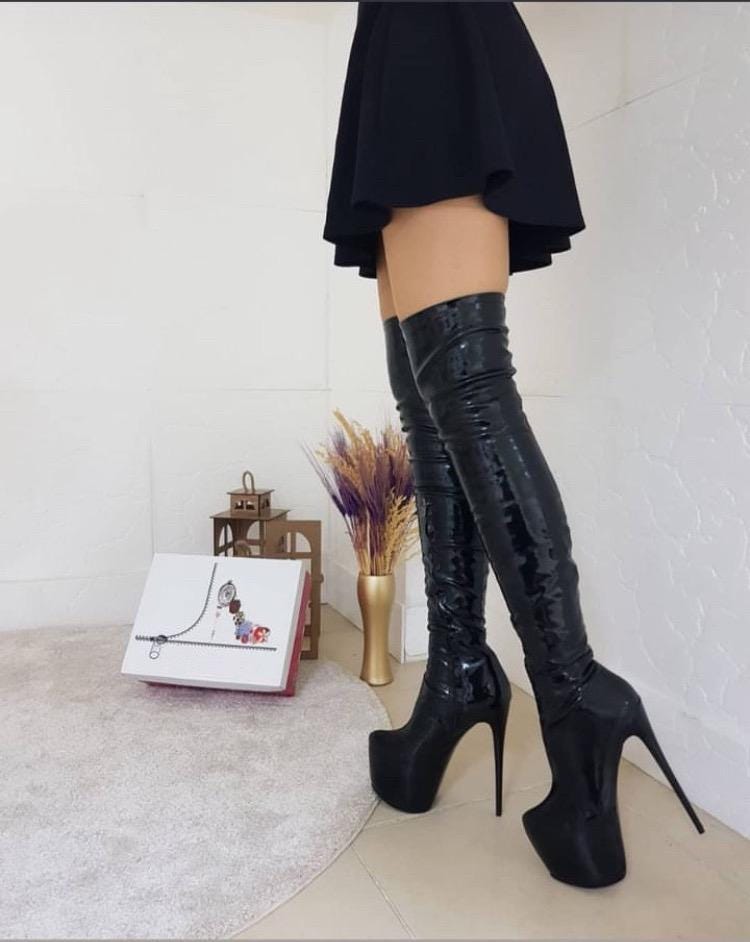 Black Patent Leather Over the Knee Boot,shiny Black Knee