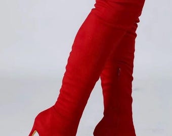 Red Over-Knee Nubuck Stiletto Boots: Tall High Heel Pointed Toe Women’s Footwear
