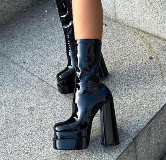 Platform Heeled Patent Leather Boots: Gothic Chunky High Heel