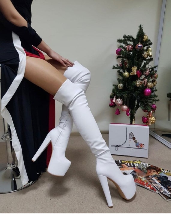 Knee high white platform boots hotsell