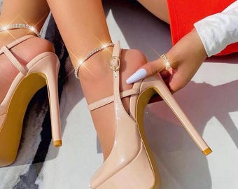 Nude Platform Stiletto Heel Shoes, Nude Patent Leather Sandals, Ankle Strap Open Toe High Heel Shoes, Platform Heel Shoe, Mothers Day Gift