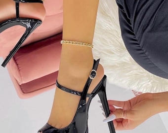 黒のプラットフォームスティレットヒールシューズ、黒のエナメルサンダル、アンクルストラップ付きオープントゥハイヒールシューズ、プラットフォームヒールシューズ、母の日ギフト