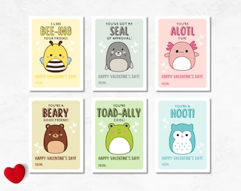 Squish Valentine Cards, Kid's Printable Valentine, Class Valentine, Cute Animal Valentine Cards, Squishmallow, School Valentines Party