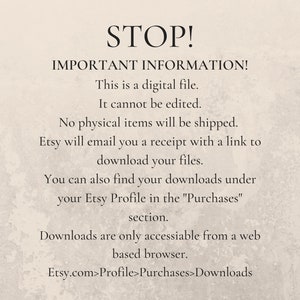 Puede incluir: Texto sobre un fondo blanco con las palabras "STOP! INFORMACI&Oacute;N IMPORTANTE!" seguido de instrucciones sobre c&oacute;mo descargar los archivos digitales comprados en Etsy. El texto dice: "Este es un archivo digital. No se puede editar. No se enviar&aacute;n art&iacute;culos f&iacute;sicos. Etsy te enviar&aacute; un recibo con un enlace para descargar tus archivos. Tambi&eacute;n puedes encontrar tus descargas en tu perfil de Etsy en la secci&oacute;n "Compras". Las descargas solo son accesibles desde un navegador web. Etsy.com>Perfil>Compras>Descargas"