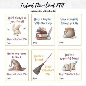 Puede incluir: Seis tarjetas de San Valent&iacute;n imprimibles con ilustraciones caprichosas inspiradas en Harry Potter. Las tarjetas muestran un b&uacute;ho, libros, un caldero, un sombrero de bruja, una escoba y una botella de poci&oacute;n. Cada tarjeta tiene el texto "Feliz D&iacute;a de San Valent&iacute;n" y un espacio para escribir "De:".