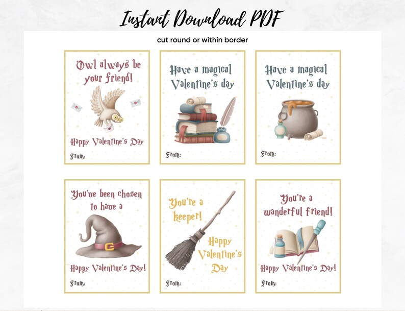 Puede incluir: Seis tarjetas de San Valent&iacute;n imprimibles con ilustraciones caprichosas inspiradas en Harry Potter. Las tarjetas muestran un b&uacute;ho, libros, un caldero, un sombrero de bruja, una escoba y una botella de poci&oacute;n. Cada tarjeta tiene el texto "Feliz D&iacute;a de San Valent&iacute;n" y un espacio para escribir "De:".