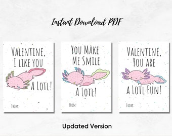Axolotl Valentine's Day Cards, Unique Valentine's Day Cards, Axolotl Card, Kid's Valentine