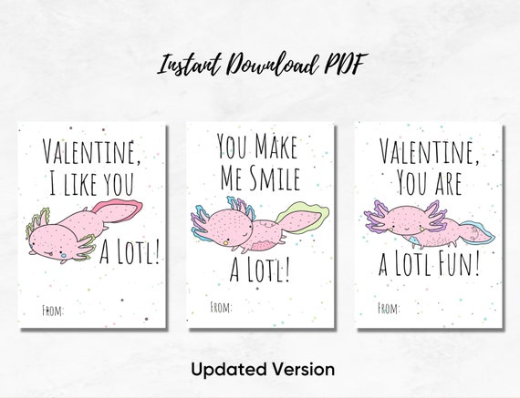 Axolotl Valentine's Day Cards, Unique Valentine's Day Cards, Axolotl Card, Kid's Valentine