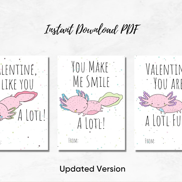 Axolotl Valentine's Day Cards, Unique Valentine's Day Cards, Axolotl Card, Kid's Valentine