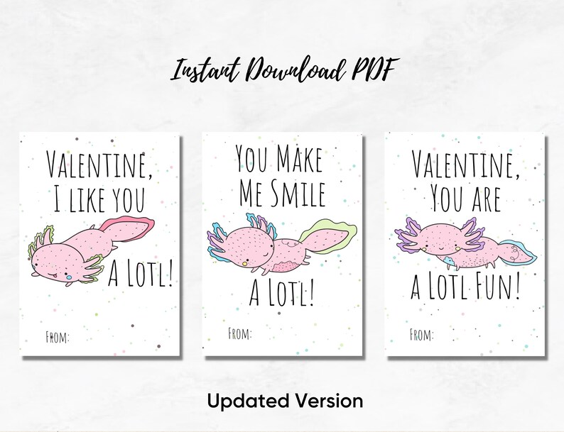 Axolotl Valentine's Day Cards, Unique Valentine's Day Cards, Axolotl Card, Kid's Valentine image 1