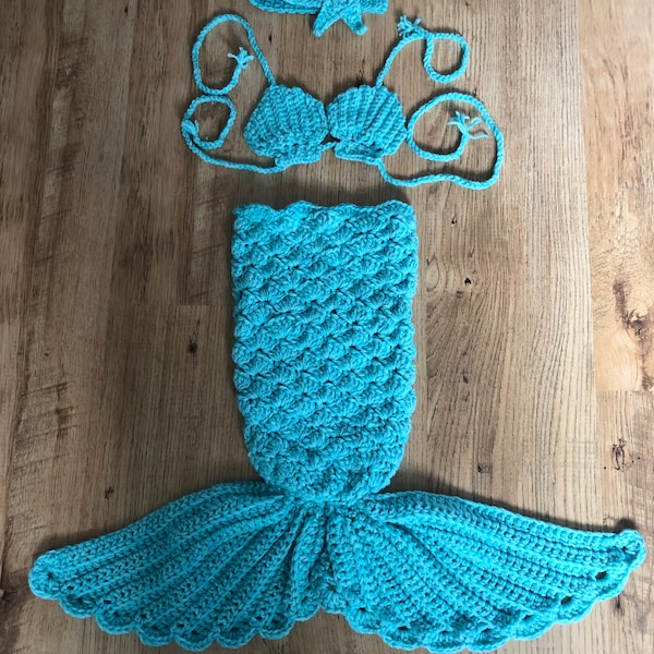 Baby’s Mermaid Outfit, Tail, Shell Top and Starfish Headband, Newborn to 6 Months, Photo Opportunity, Hand Crocheted, UNIQUE, New Baby Gift