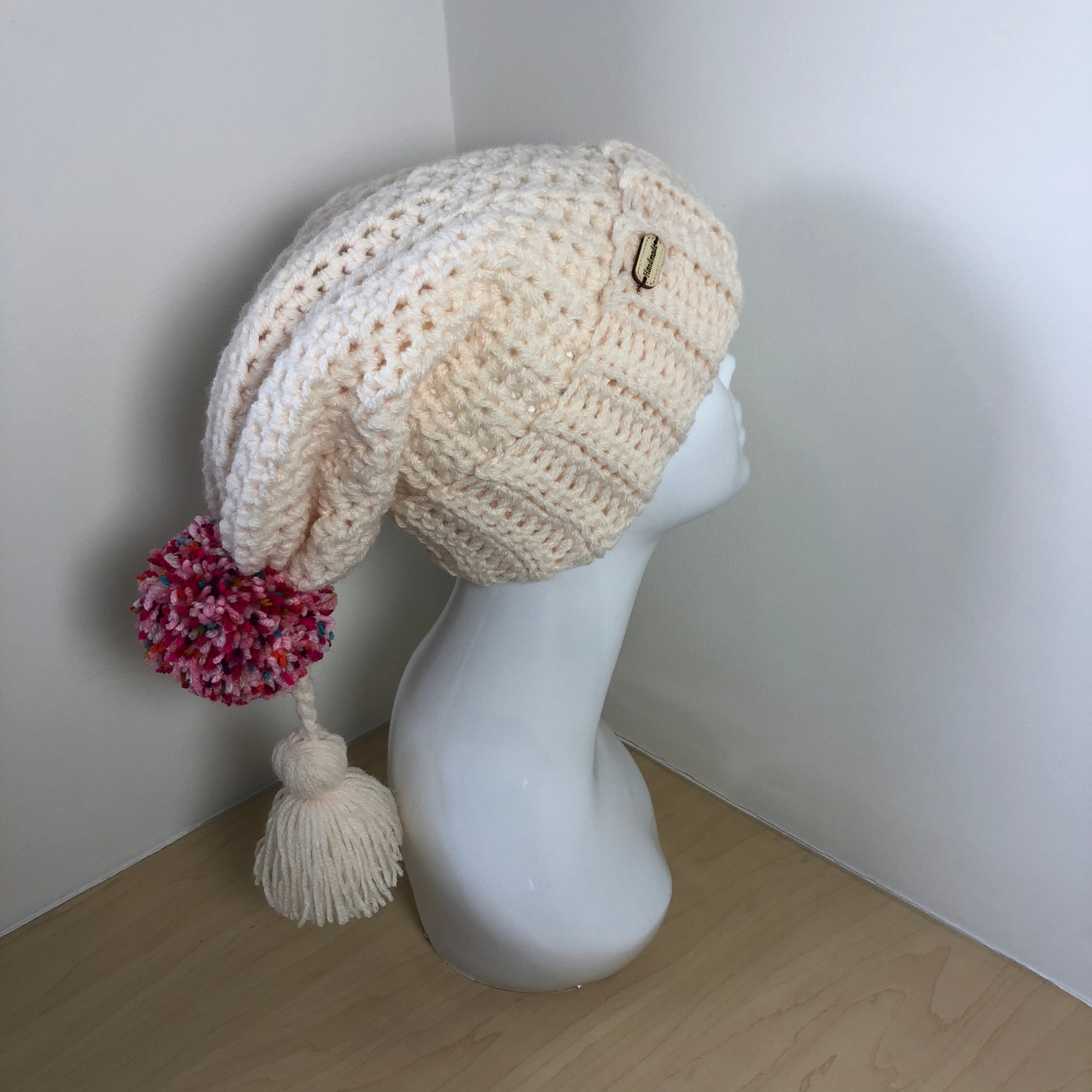 Cream Slouchy Pom Pom Hat with Tassel Handmade Crocheted Etsy