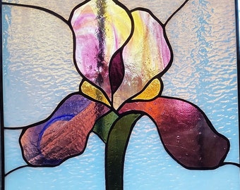 Modern Stained Glass Panel Iris Flower, Botanical Window Hangings, Purple Flower Suncatcher, Christmas Gift