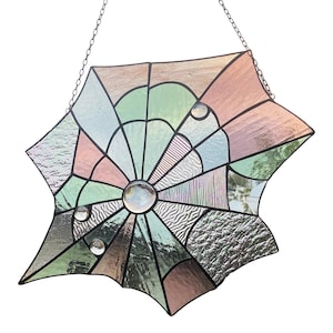 Stained Glass Suncatcher Cobweb, Spider Web Window Hanging, Iridescent Glass Panel, Halloween Decor, Whimsical Glass Art, Spiderweb Decor