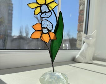 Atrapasol de narcisos de vitral: decoración floral de escritorio, adorno de narciso
